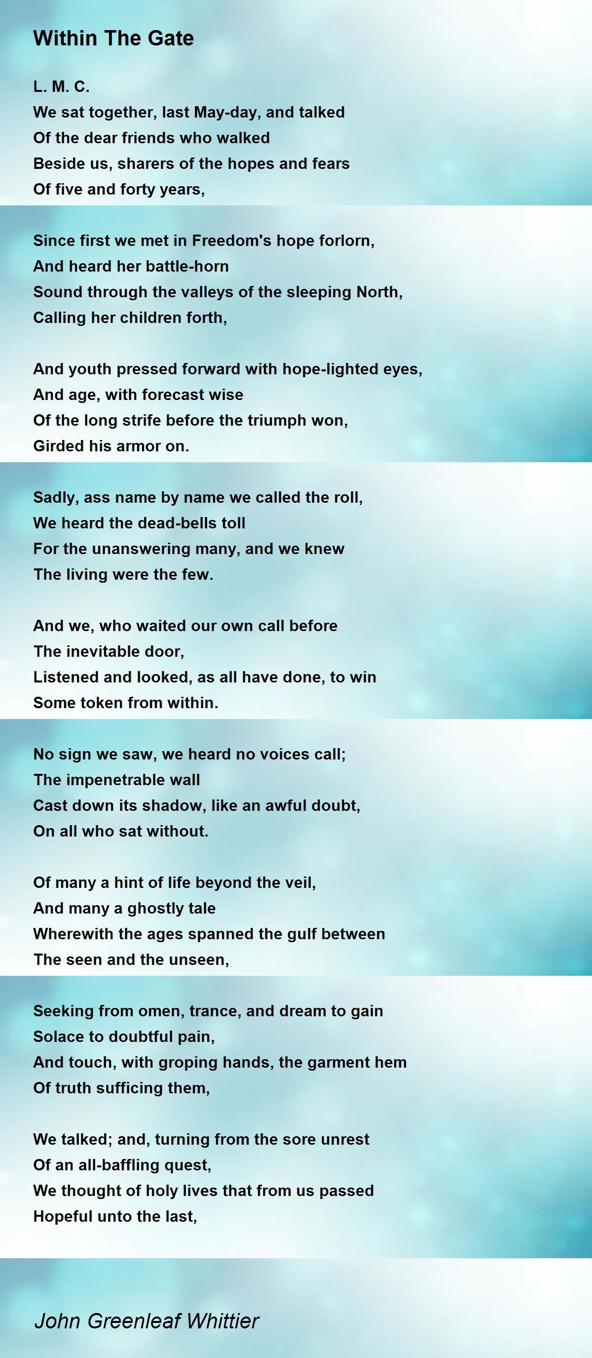 Within The Gate Poem by John Greenleaf Whittier Poem Hunter