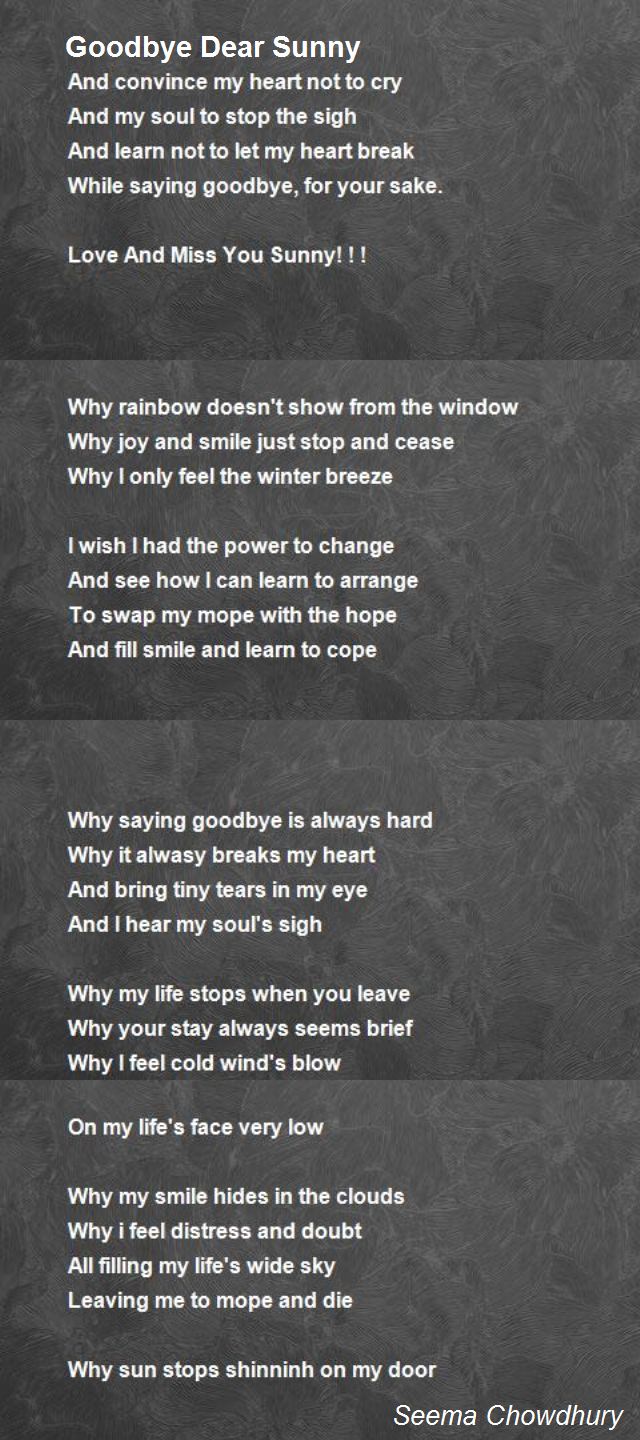 Goodbye Dear Sunny Poem By Seema Chowdhury Poem Hunter